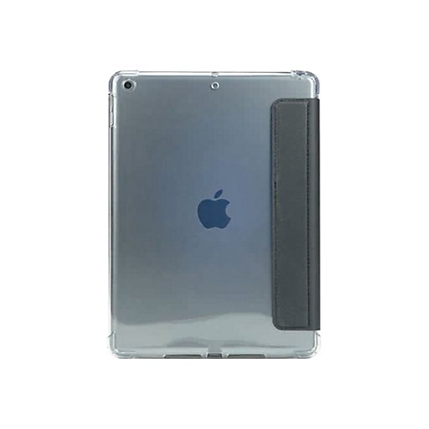 Rückseite eines iPads mit durchsichtiger Schutzhülle und einem schwarzen, faltbaren Cover-Element.