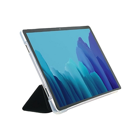 Tablet mit blauem Bildschirm, in einer transparenten Hülle, auf einem schwarzen Ständer.