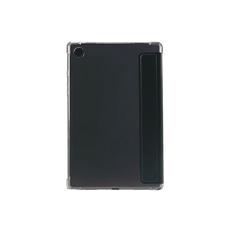 Ein schwarzes Tablet in einer Hülle, die einen Klappmechanismus hat, um das Gerät zu schützen. Auf weißem Hintergrund.