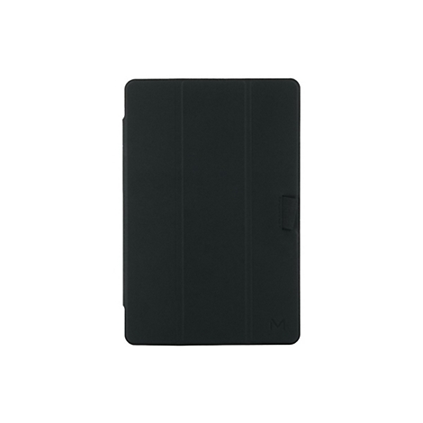 Schwarze Tablet-Hülle, dreiteilig, mit Verschlusslasche. Auf der unteren rechten Ecke befindet sich ein weißes „M“.