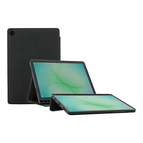 Schwarze Tablet-Hülle mit Tablet in zwei Positionen vor weißem Hintergrund.