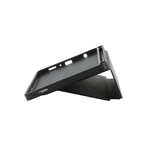 Schwarze Handyhülle, leicht geöffnet, detailreich erkennbar.