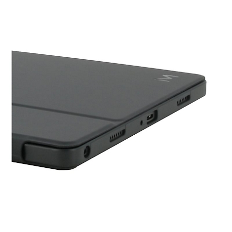 Nahaufnahme einer dunklen Tablet-Hülle. Details zeigen Anschlüsse und das Logo.