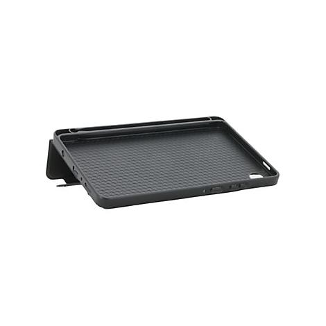 Schwarzes Tablet-Case, strukturiert. Steht auf einem Ständer vor weißem Hintergrund.