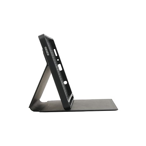 Schwarze Tablet-Hülle, die als Ständer dient. Der Deckel ist geöffnet und dient als Stütze.