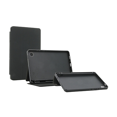 Schwarze Tablet-Hülle, dreiteilig, vor weißem Hintergrund. Eine Hülle steht hochkant, zwei liegen flach.