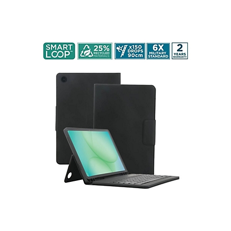 Schwarze Tablet-Hülle mit Tablet und Tastatur; auf der Hülle sind Logos für recycelte Materialien und Haltbarkeit zu sehen.