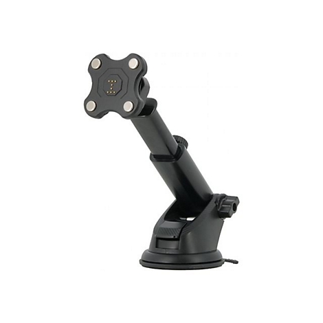 Schwarzer Halter für elektronische Geräte. Saugnapf und verstellbarer Arm.