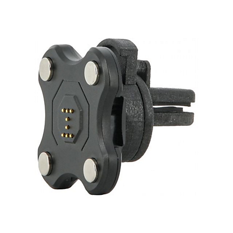 Schwarze Halterung mit Magneten und Kontakten, seitliche Aufnahme. Detailansicht, weißer Hintergrund.