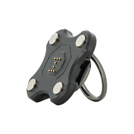 Grauer Handy-Halter mit Metallringen und Magneten. Runde Silbermagnete und goldfarbene Kontakte.