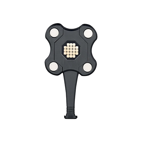 Schwarzes technisches Gerät mit Griff, weißen Kreisen und leuchtenden Quadraten in der Mitte, isoliert auf weißem Hintergrund.