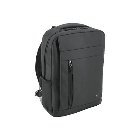 Schwarzer Rucksack mit Reißverschluss. Auf der Seite ein Netzfach. Das Logo 'M' ist unten rechts zu sehen.