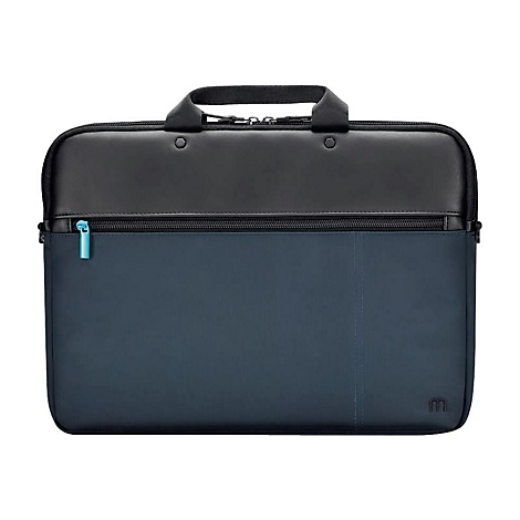 Dunkelblaue Laptoptasche mit schwarzem Oberteil, Tragegriff und einem markanten hellblauen Reißverschluss-Zipper.