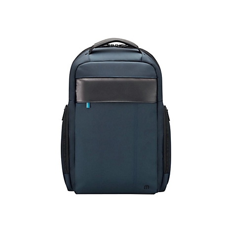 Dunkelblauer Business-Rucksack mit schwarzem Lederakzent und kleinem hellblauen Detail vor weißem Hintergrund.