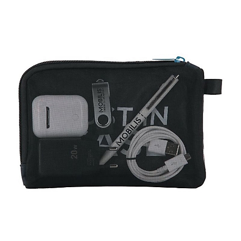 Pochette noire d'accessoires Mobilis : AirPods, clé USB, stylo, câble, chargeur. Inscription "Mobilis" et "20W". Fermeture éclair bleue.