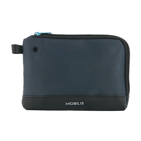 Sac bleu foncé, carré, avec fermeture éclair et accents noirs, marque MOBILIS.