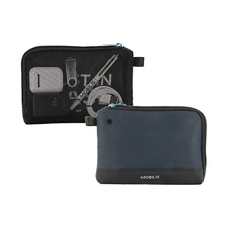 Deux pochettes noires : une ouverte avec accessoires (chargeur, câble), l'autre fermée. Inscription 'MOBILIS'.