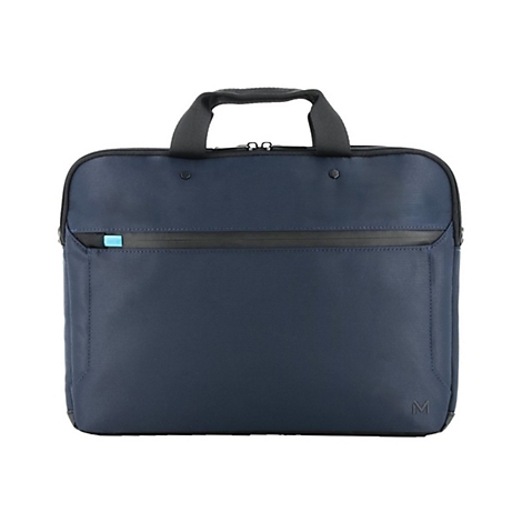 Dunkelblaue Laptoptasche mit Henkel und Reißverschluss. Auf der Vorderseite befindet sich eine kleine Tasche mit blauem Detail. Unten rechts das Logo M.