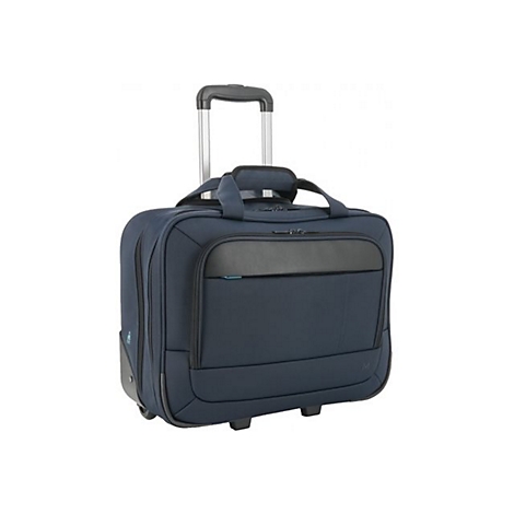 Blauer Rollkoffer mit schwarzem Griff und schwarzer Fronttasche auf weißem Hintergrund.
