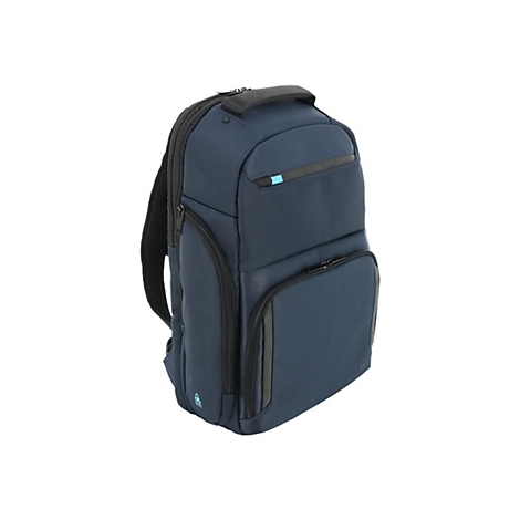 Sac à dos bleu avec fermetures éclair et poignée noires, sur fond blanc.