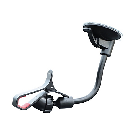 Schwarzer Handyhalter mit Saugnapf und flexiblen Arm. Klemme mit roter Innenseite. MOBILIS Logo.