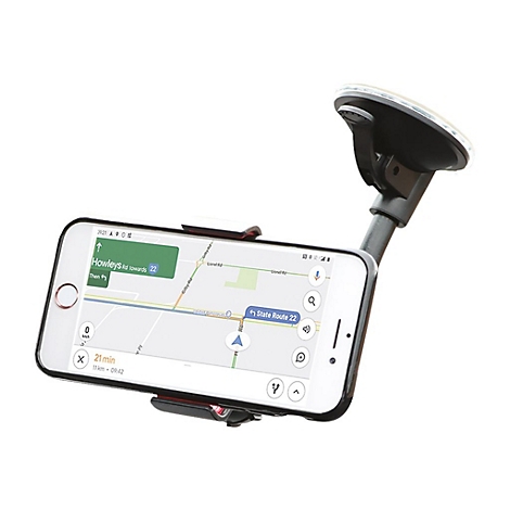 Smartphone in Halterung, Navigationsansicht auf dem Bildschirm. Die Halterung ist an einer Scheibe befestigt.