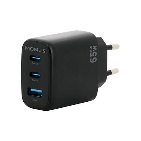 Schwarzes Ladegerät von Mobilis mit drei Anschlüssen, USB-A und zwei USB-C. Aufschrift: 65W GaN.