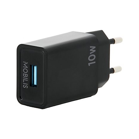 Schwarzes Ladegerät, Aufschrift MOBILIS und 10W, mit Eurostecker.