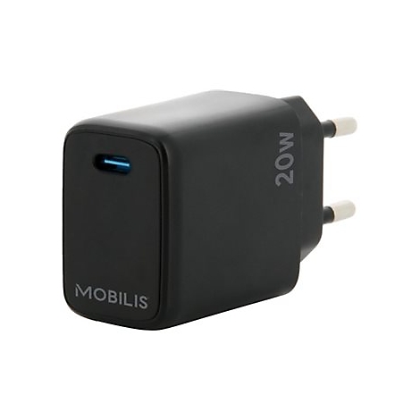 Schwarzes Ladegerät, 20W, mit Logo MOBILIS und USB-C-Anschluss.