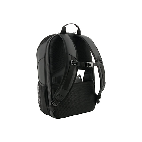 Schwarzer Rucksack, Rückansicht. Details: Polsterung, Schultergurte, Netzstoff-Seitentasche.