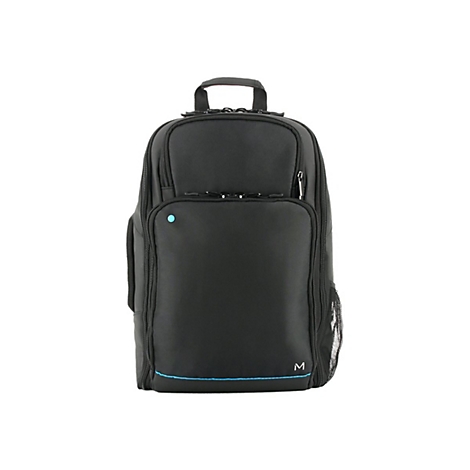 Schwarzer Rucksack mit blauem Akzent. Oben ein Tragegriff, vorn eine Reißverschlusstasche, unten ein blaues Band und das M-Logo.