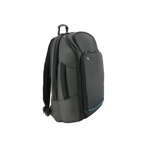 Schwarzer Rucksack mit Reißverschlüssen, Seitentaschen und einem blauen Akzent. Vor weißem Hintergrund.