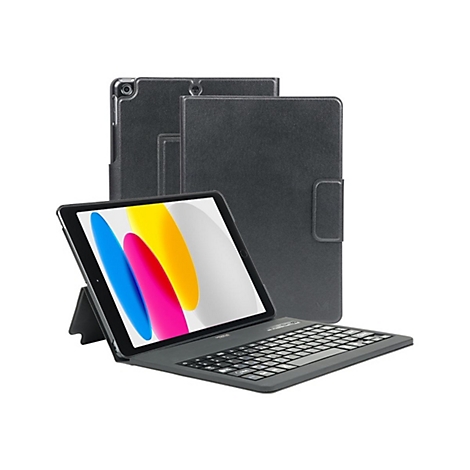 Tablette noire avec clavier, étui iPad en arrière-plan, écran affichant des graphiques colorés.