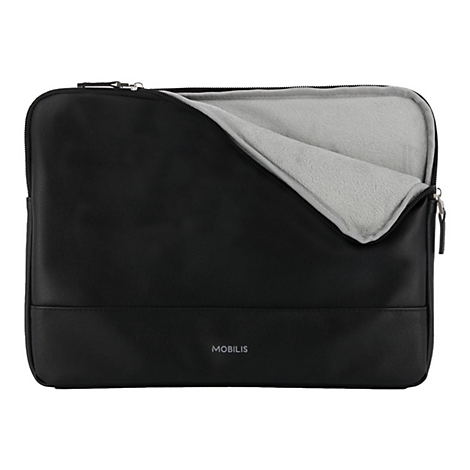 Schwarze Laptop-Hülle teilweise geöffnet. Innenfutter grau, Reißverschluss silber, Logo 'MOBILIS' unten rechts.