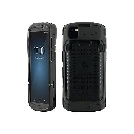 Deux smartphones noirs et robustes. L'un affiche l'heure 10h00. L'autre est doté d'une caméra et d'un motif de trous au dos.