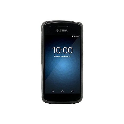 Ein schwarzes Smartphone mit Uhrzeit 10:00 Uhr auf dem Bildschirm. Zebra-Logo oben.