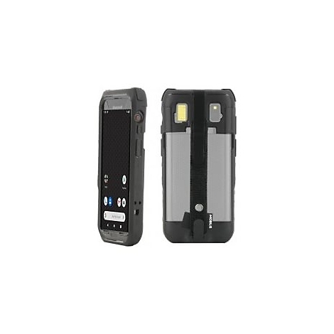 Zwei Ansichten eines robusten Smartphones. Das linke zeigt die Vorderseite, das rechte die Rückseite mit Kamerablitz. Schwarzes Gehäuse.