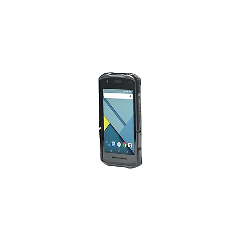 Robustes Smartphone mit schwarzem Rahmen, Display mit Apps, gelben und blauen geometrischen Formen.
