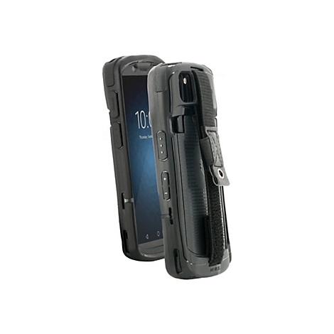 Zwei schwarze Handheld-Geräte mit Schutzhülle, ein Bildschirm zeigt Uhrzeit. Auf der Rückseite befindet sich ein Handriemen.