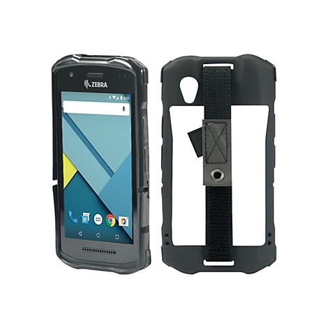 Ein schwarzes Zebra-Smartphone mit Gehäuse, das von rechts mit einem Rückteil gezeigt wird, mit einem Armband.