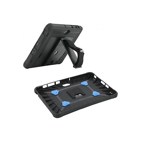 Schwarze Tablet-Schutzhülle. Das Tablet steht aufrecht mit einem Handriemen. Darunter liegt die Innenseite der Hülle mit blauen Stützen.