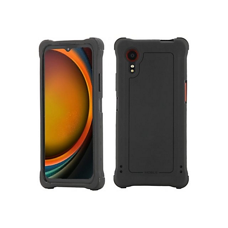 Robustes schwarzes Smartphone, Ansichten von Vorder- und Rückseite. Schutzhülle, Kamera und Details sind deutlich sichtbar.