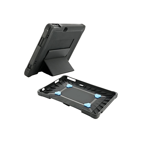 Schwarze Tablet-Schutzhülle, die aus zwei Teilen besteht: einer Hülle und einer Halterung mit Ständer. Blaue Akzente.