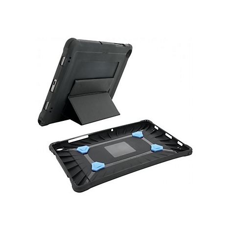 Schwarze Tablet-Schutzhülle, die aus zwei Teilen besteht; der obere Teil mit Ständer, der untere Teil mit blauen Clips.