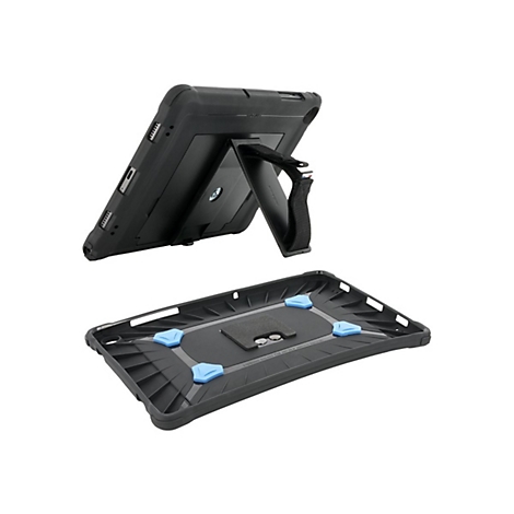 Schwarzes Tablet Case in zwei Teilen: Rückseite mit Halterung und Vorderseite mit blauen Gummipunkten.