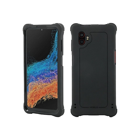Coque de smartphone noire. Avant et arrière présentés. La coque protège complètement le smartphone, avec des bords surélevés et des découpes précises.
