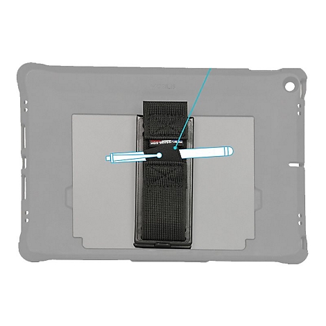 Grauer Tablet-Rückseite mit schwarzem, fest montiertem Gurt. Text: mobilebase.com. Blaue Linie zum Stift.