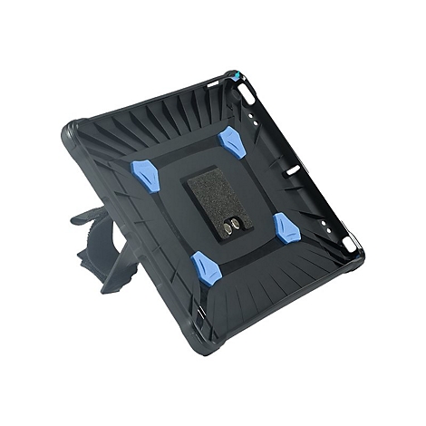 Schwarze Tablet-Schutzhülle, Rückseite, blaue Halterungen, Klettverschluss-Handgelenkband.