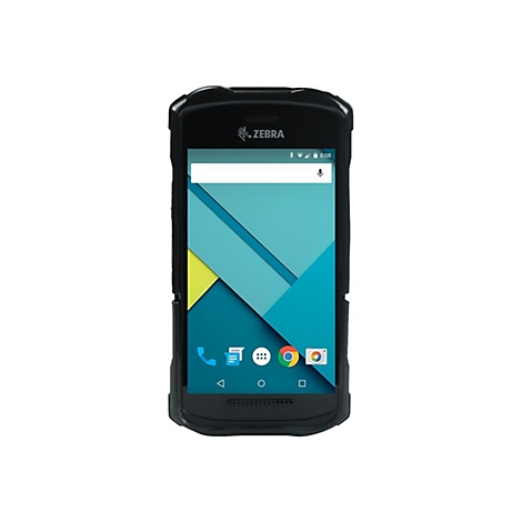 Schwarzes Smartphone mit Schutzhülle. Auf dem Bildschirm blaue und gelbe geometrische Formen und App-Symbole.