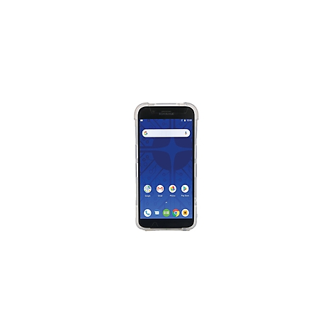 Smartphone mit transparentem Schutzrahmen, das Google, Gmail, Musik, Play Store und Chrome-Icons zeigt. Uhrzeit 12:01.